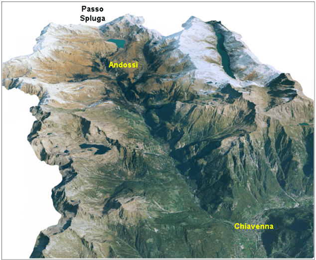Localizzazione dell’Alpe Andossi in alta Valchiavenna (Val San Giacomo)